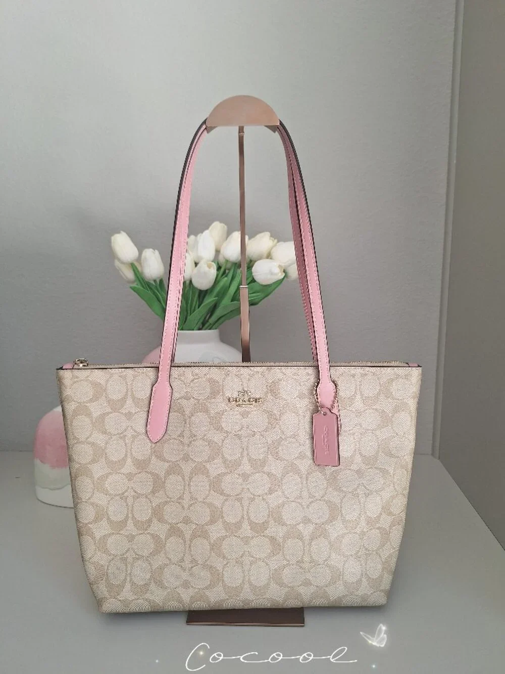 💝NEW COACH ZIP TOP TOTE IN SIGNATURE CANVAS/ LEATHER LIGHT KHAKI PINK